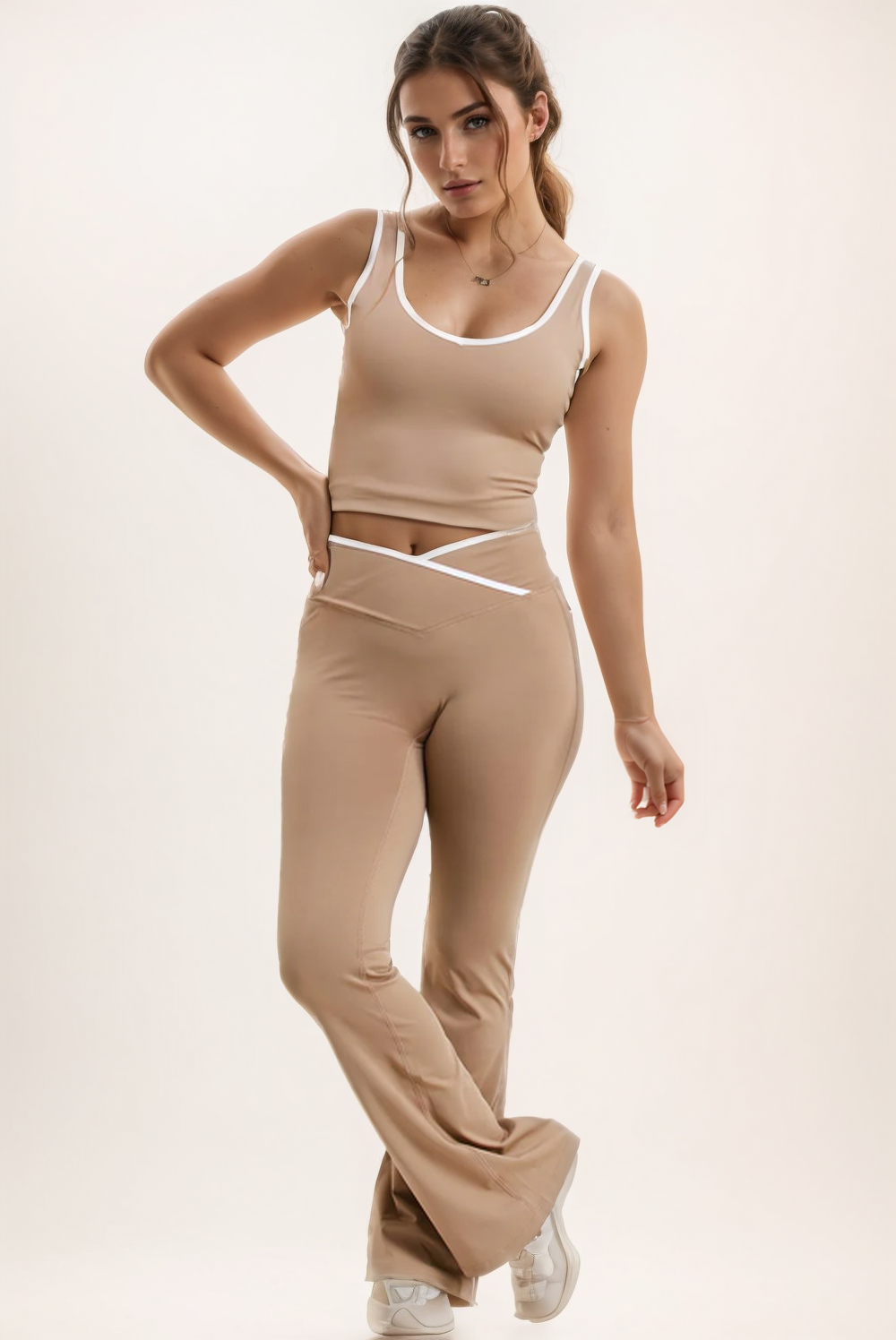 Taupe Seam Detail Top & Flares Sculpt Gym Set
