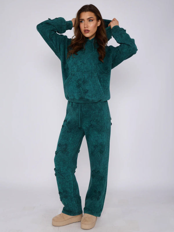 Teal Front & Back Cross Acid Wash Hooded Fleece Loungewear Co-ord Set