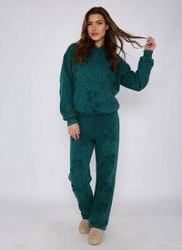 Teal Front & Back Cross Acid Wash Hooded Fleece Loungewear Co-ord Set