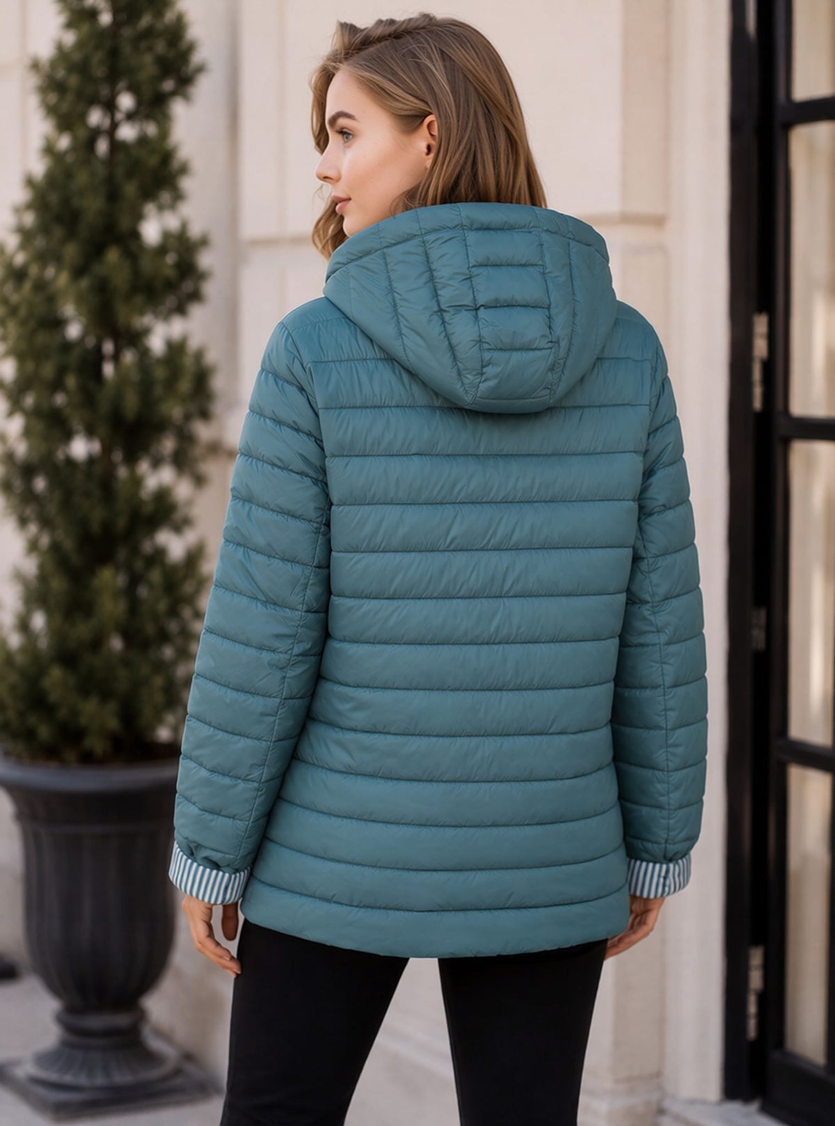Teal Waterproof & Windproof Hooded Padded Jacket with Stripe Detail