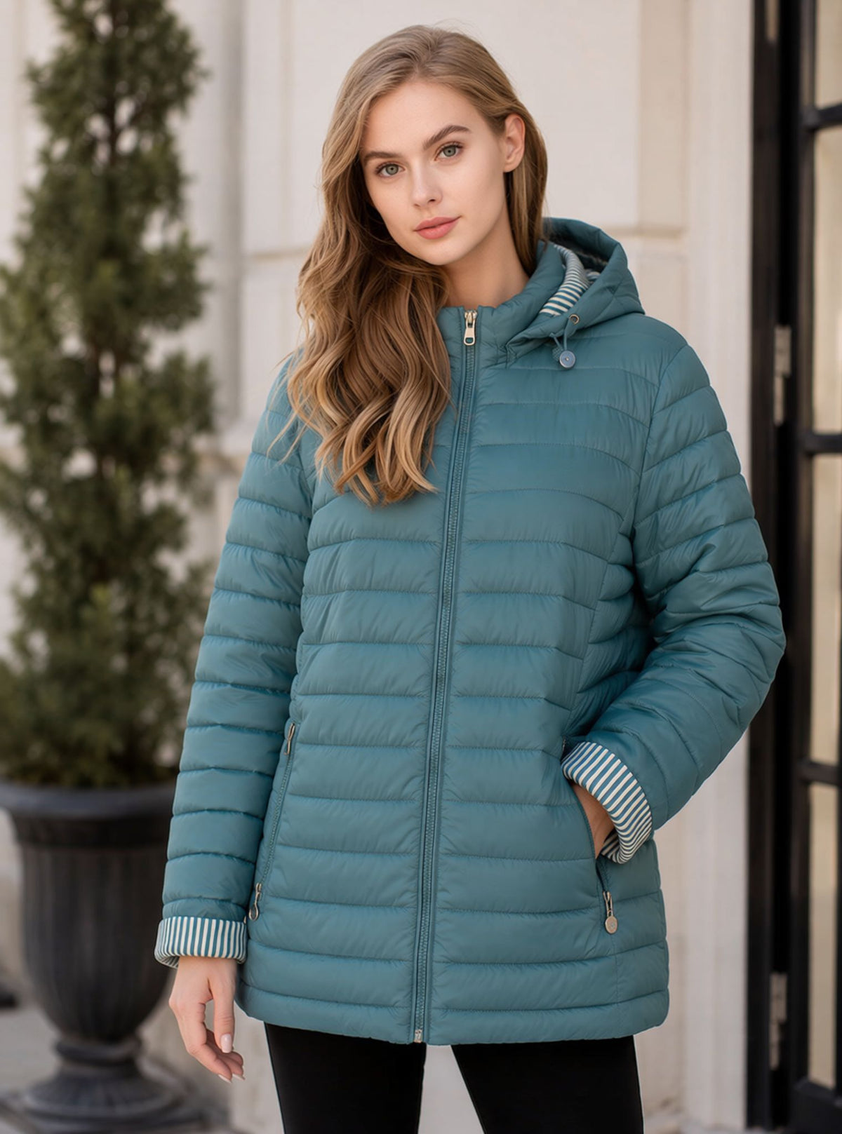 Teal Waterproof & Windproof Hooded Padded Jacket with Stripe Detail