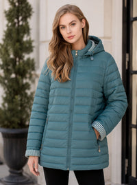Teal Waterproof & Windproof Hooded Padded Jacket with Stripe Detail