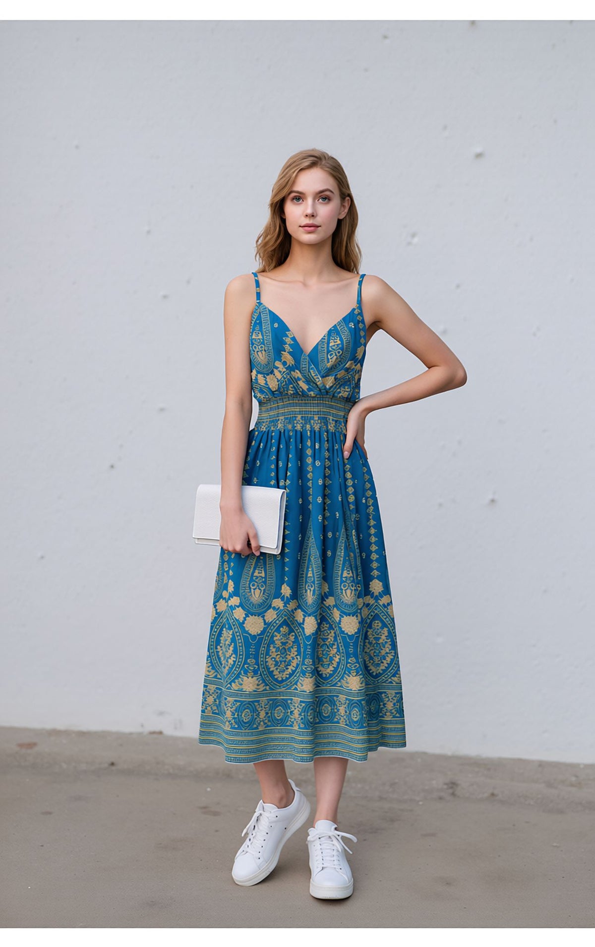 Teal & Gold Bohemian Print Sleeveless Midi Dress with Smocked Waist
