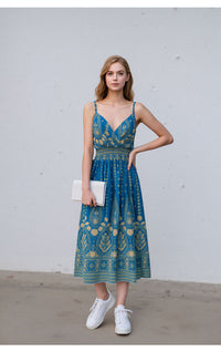Teal & Gold Bohemian Print Sleeveless Midi Dress with Smocked Waist