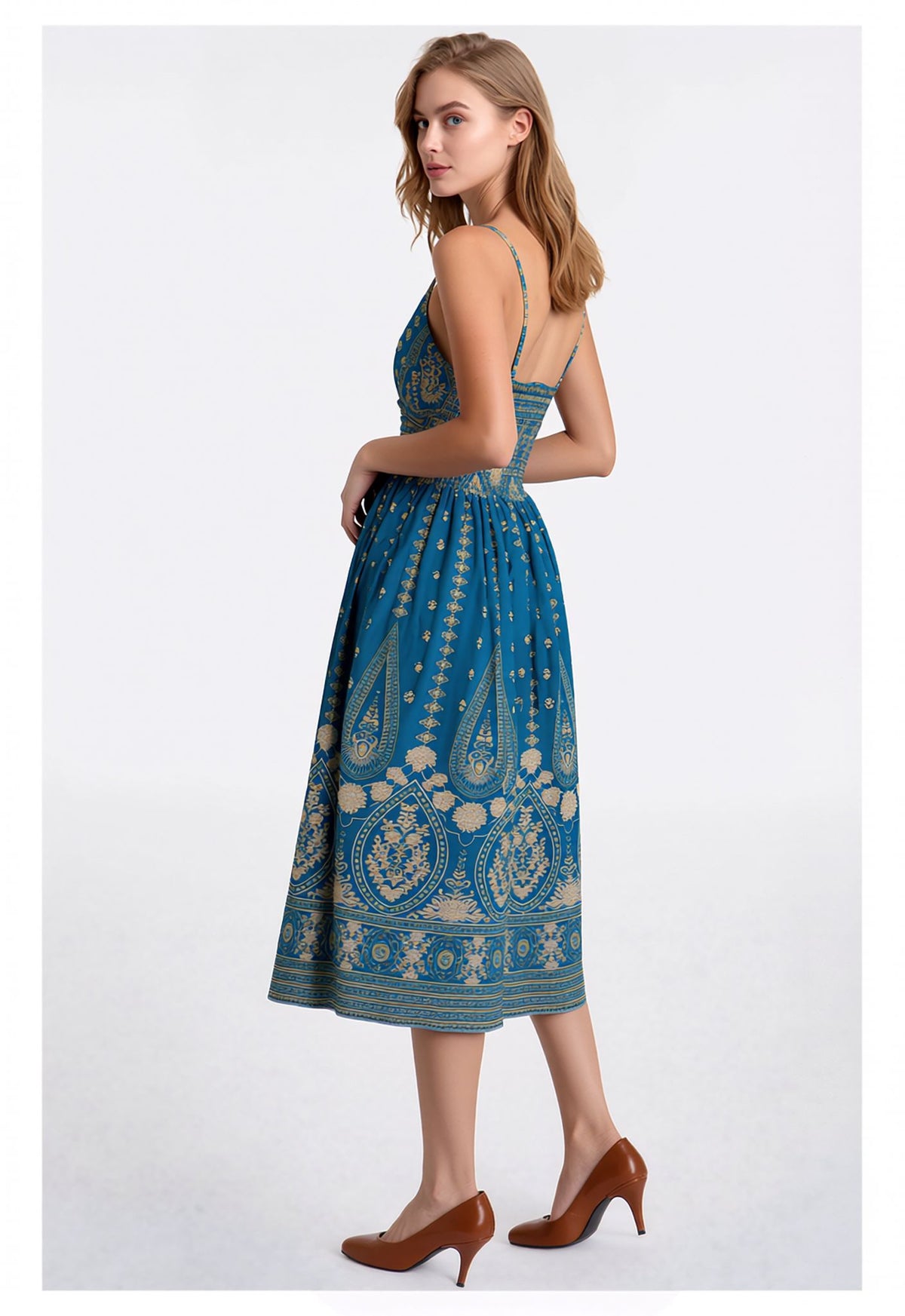 Teal & Gold Bohemian Print Sleeveless Midi Dress with Smocked Waist