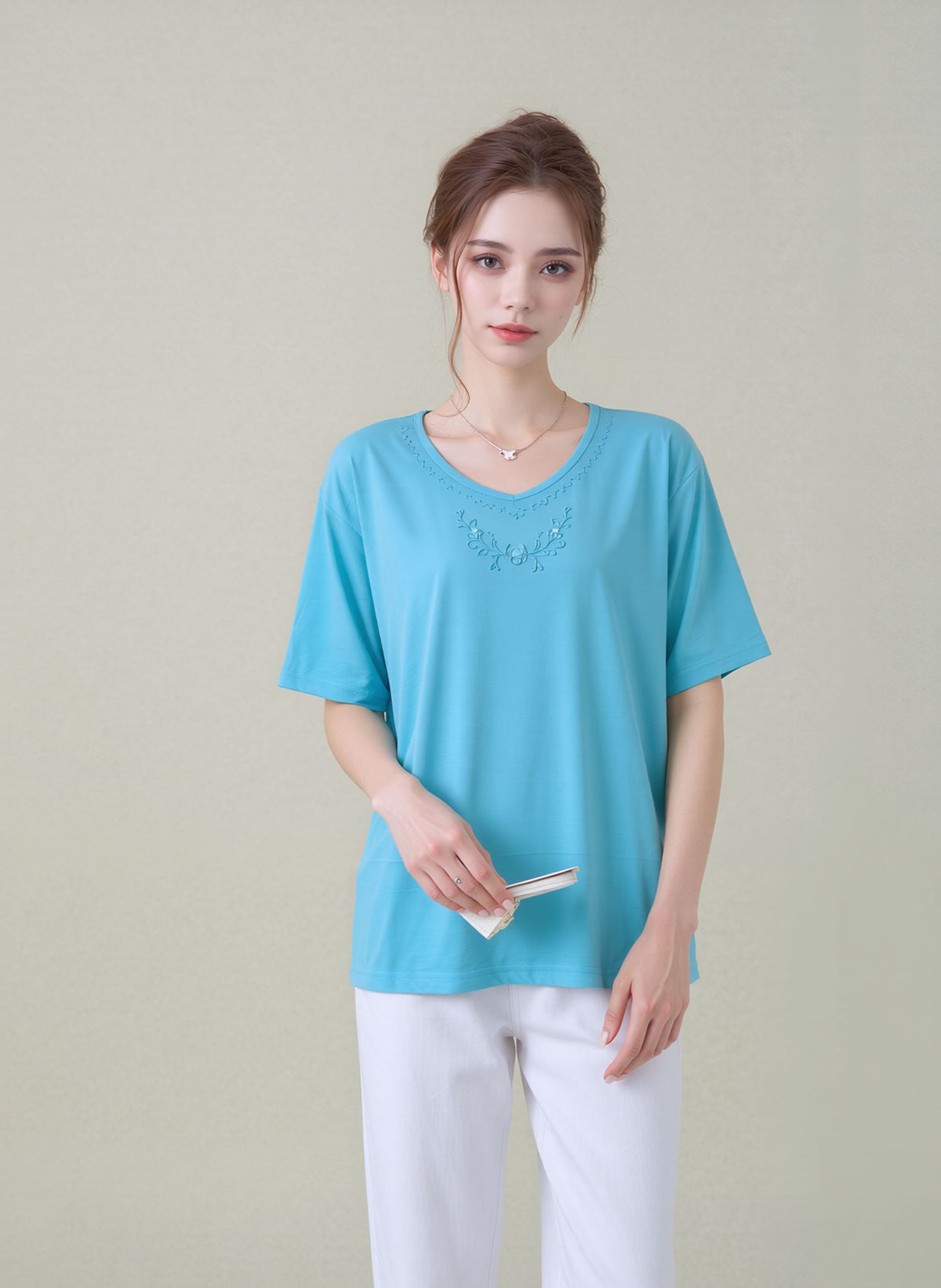 Turquoise Embroidered Neck Detail Casual Short Sleeve Top