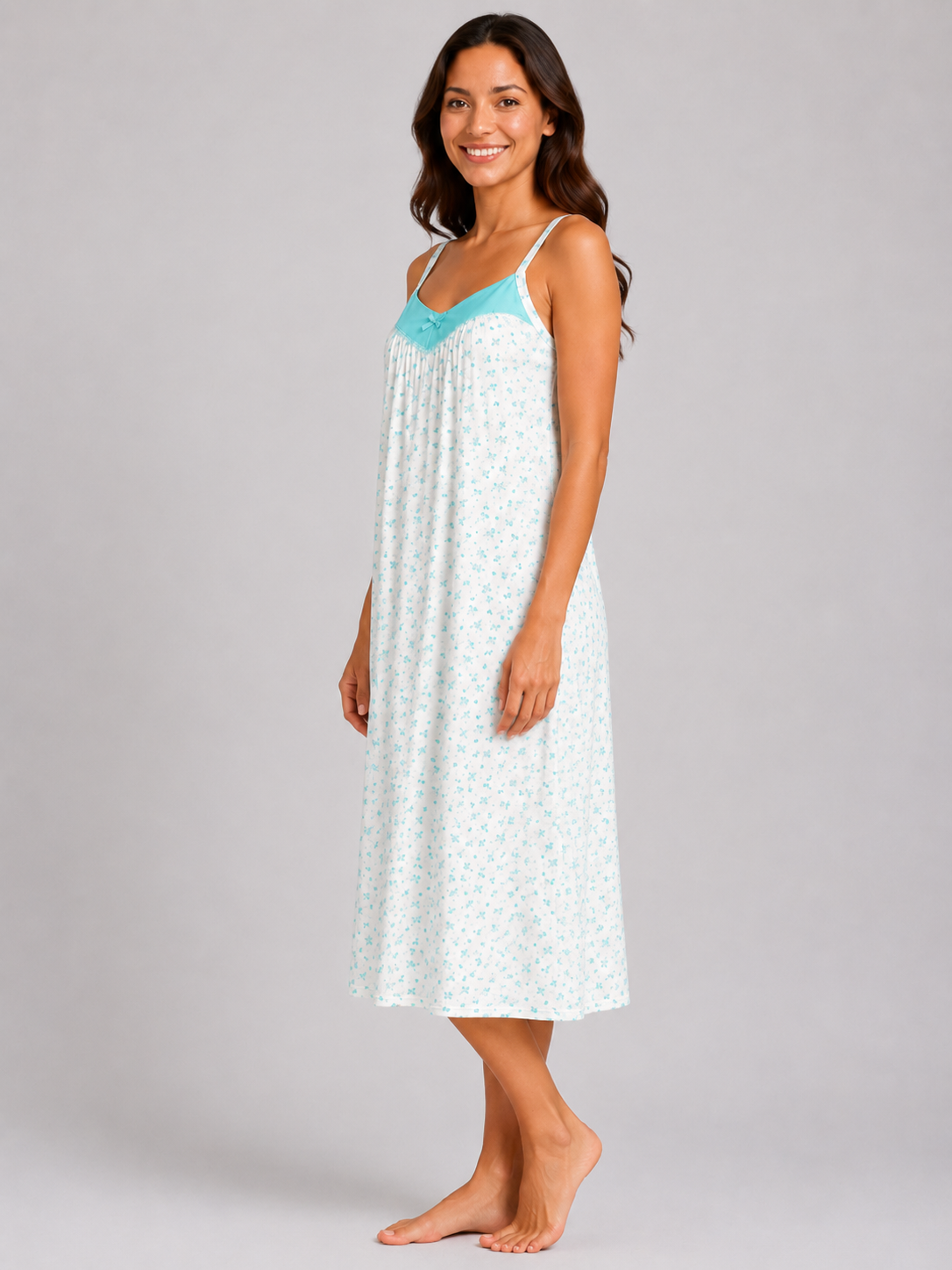 Turquoise Floral Sleeveless Soft Cotton Rich Midi Nightdress