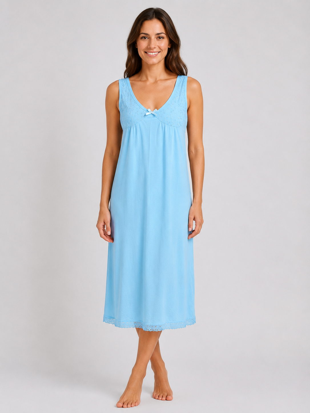 Turquoise Lace Trim Sleeveless Soft Comfortable Midi Length Nightdress