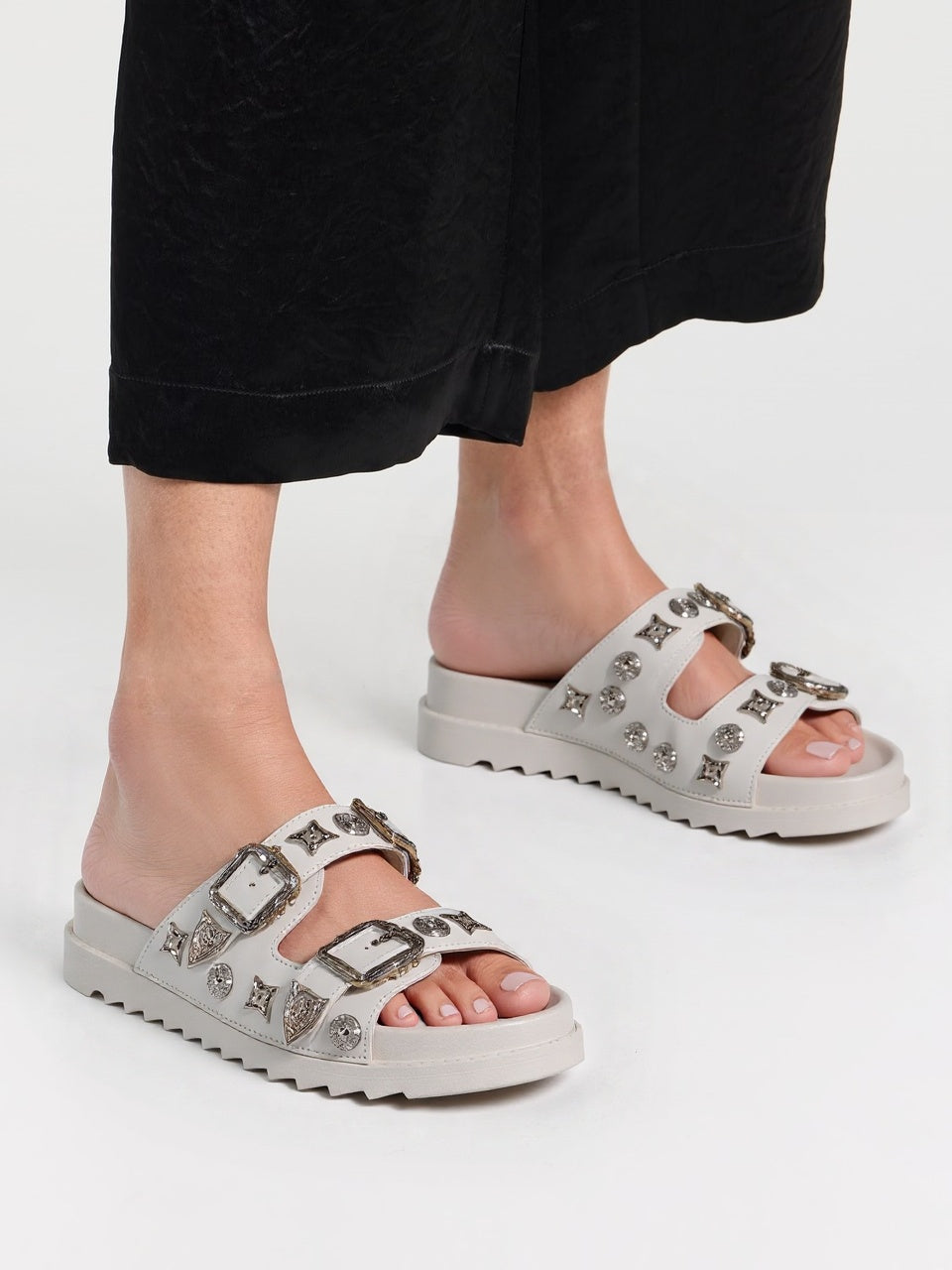 White Chunky Sole Double Buckle Studded Sliders