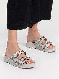 White Chunky Sole Double Buckle Studded Sliders