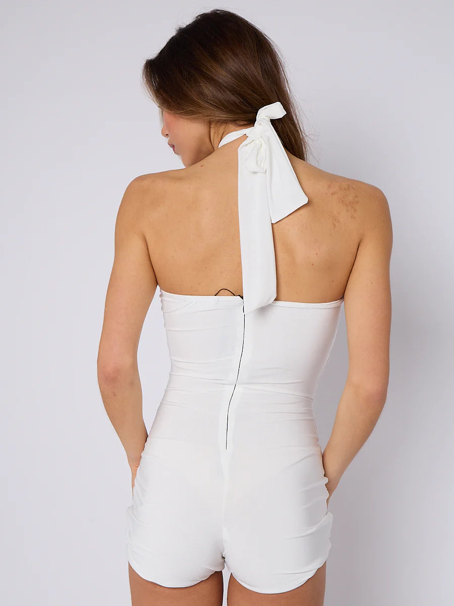 White Coil Cut Out Detail Halter Neck Slinky Ruched Playsuit