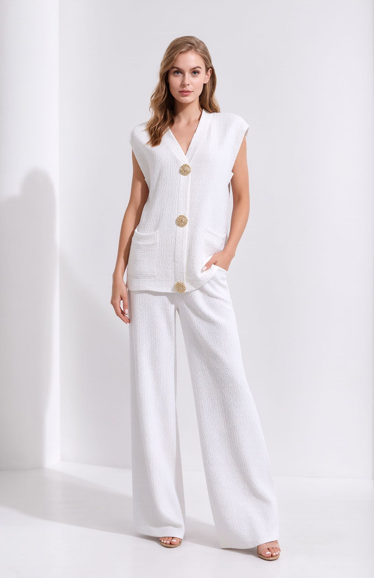 White Crinkle Two Piece Set Gold Button Waistcoat & Wide Leg Trousers