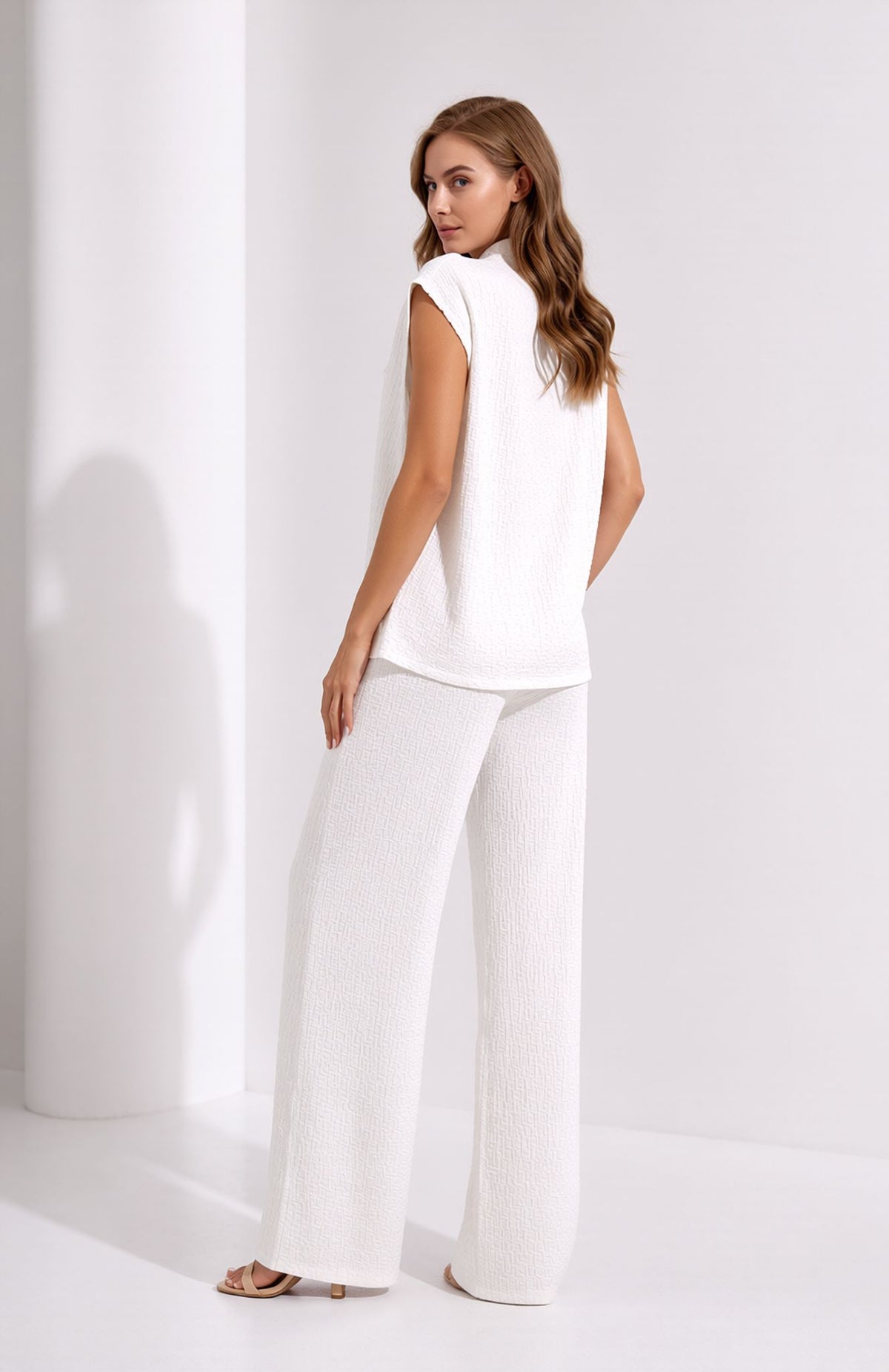 White Crinkle Two Piece Set Gold Button Waistcoat & Wide Leg Trousers