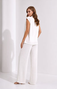 White Crinkle Two Piece Set Gold Button Waistcoat & Wide Leg Trousers