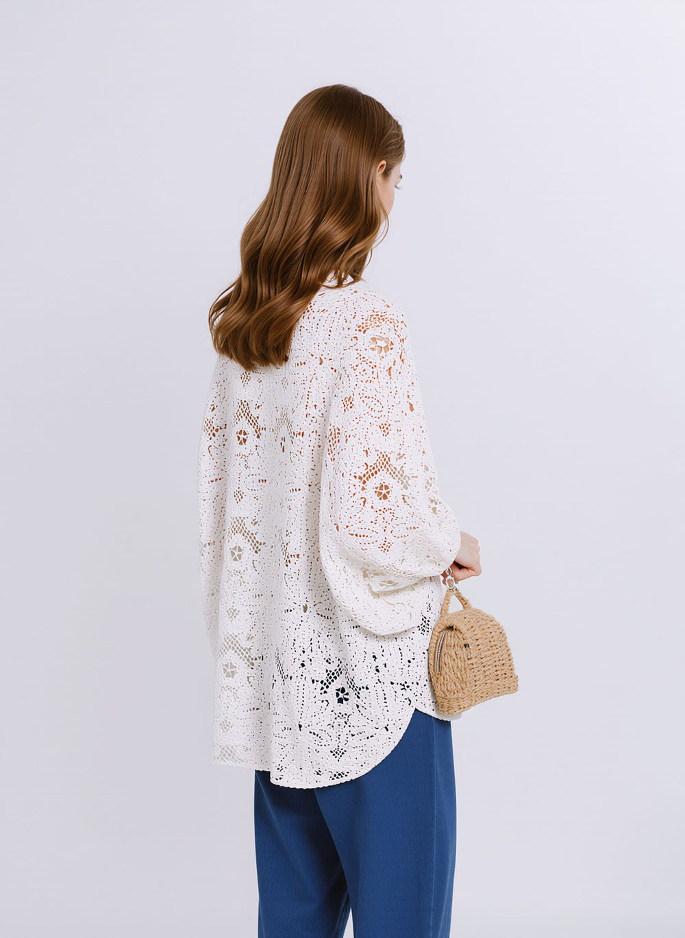 White Crochet Lace Button-Front Lightweight Boho Summer Cover-Up with 3/4 Sleeves Cardigan
