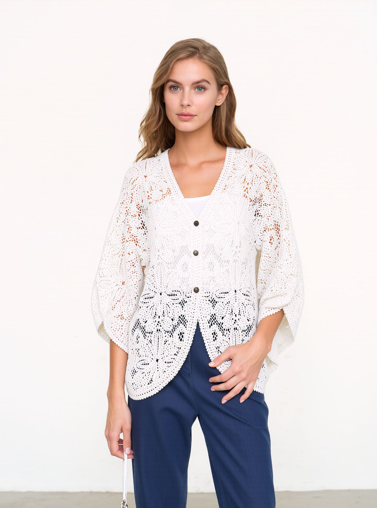 White Crochet Lace Button-Front Lightweight Boho Summer Cover-Up with 3/4 Sleeves Cardigan