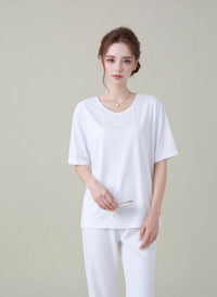 White Embroidered Neck Detail Casual Short Sleeve Top