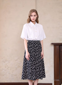 White Flower Pattern Midi Skirt Elegant Women’s Pull-On Skirt
