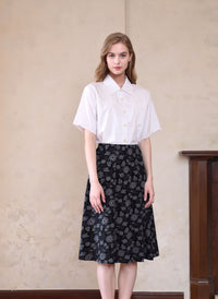 White Flower Print Midi Skirt Elegant Women’s Pull-On Skirt
