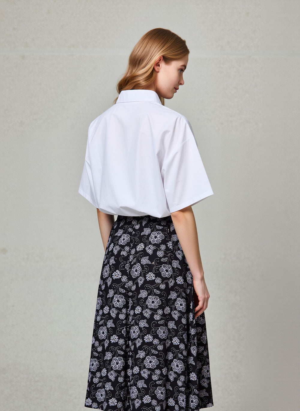White Flower Print Midi Skirt Elegant Women’s Pull-On Skirt