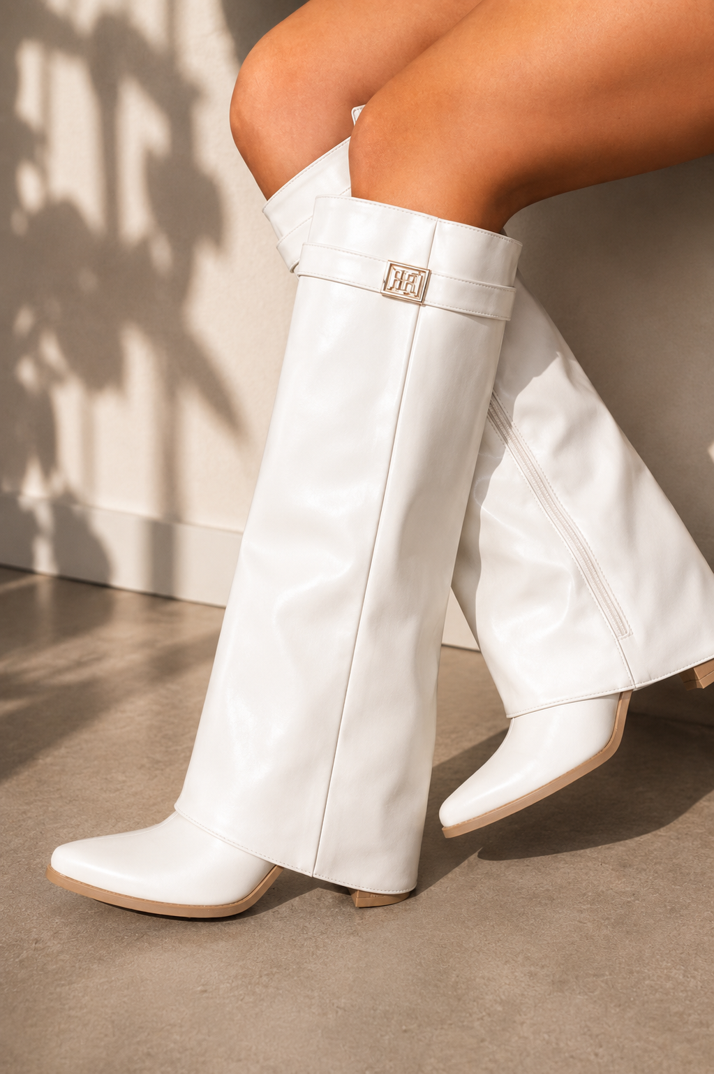 White Fold Over Gold Buckle Heeled Cowboy Boots