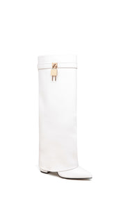 White Fold Over Gold Buckle Heeled Cowboy Boots