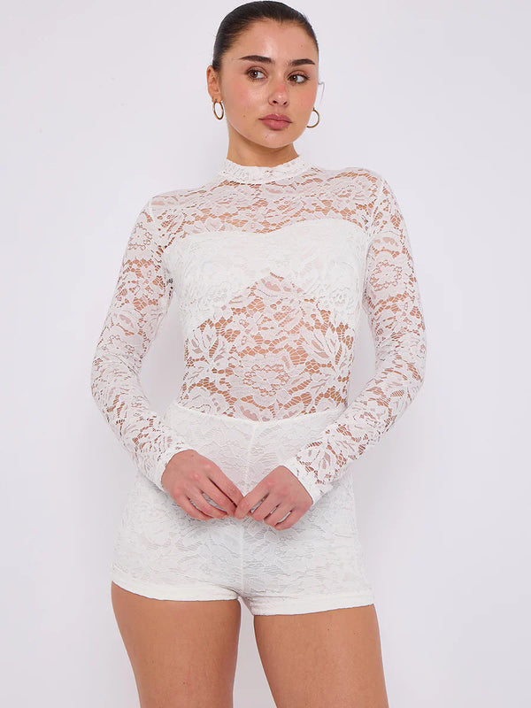 White Lace Detail High Neck Long Sleeves Bodycon Playsuit