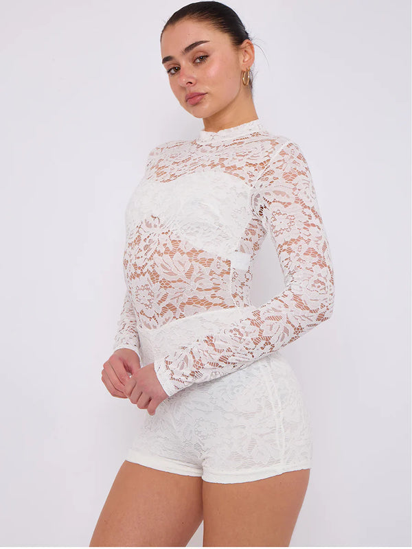 White Lace Detail High Neck Long Sleeves Bodycon Playsuit
