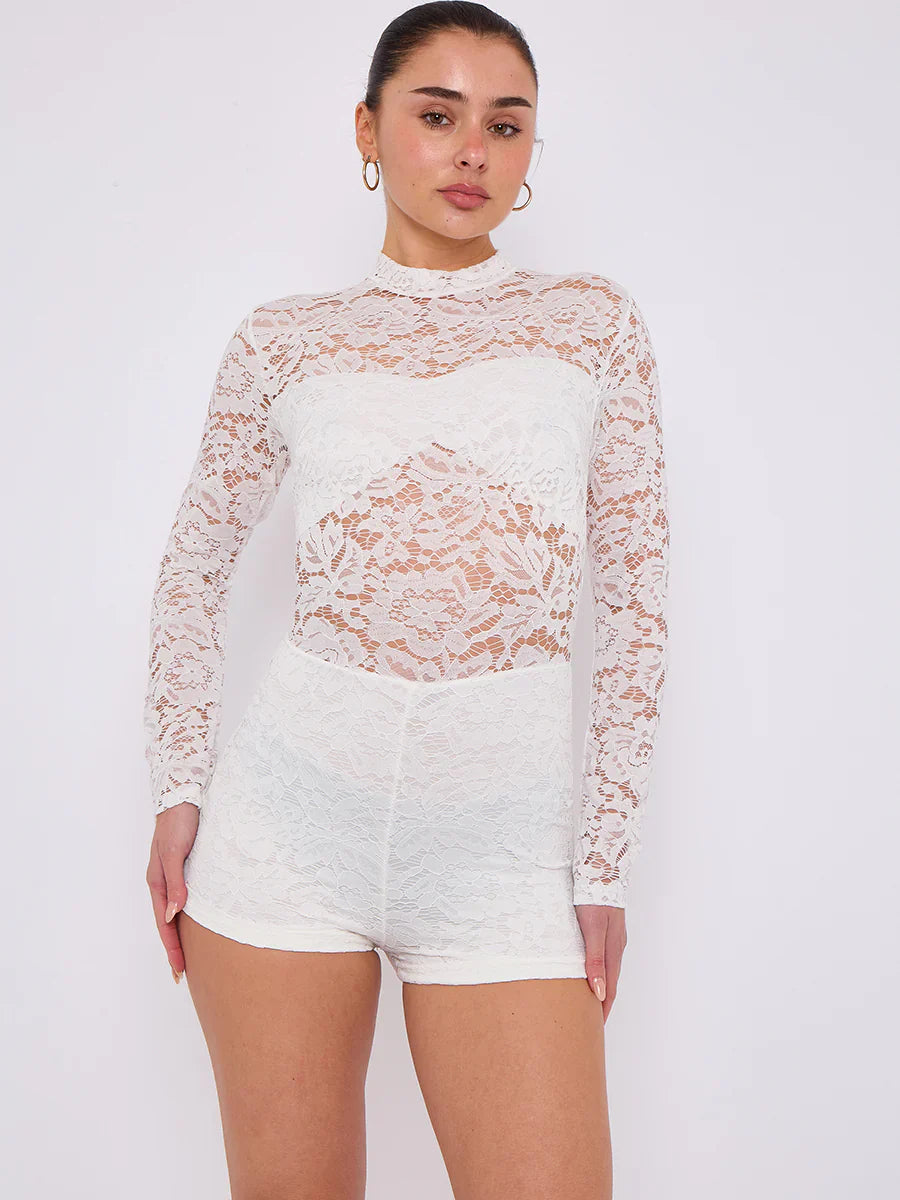 White Lace Detail High Neck Long Sleeves Bodycon Playsuit