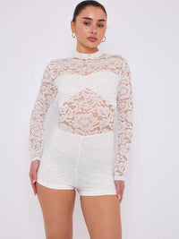 White Lace Detail High Neck Long Sleeves Bodycon Playsuit