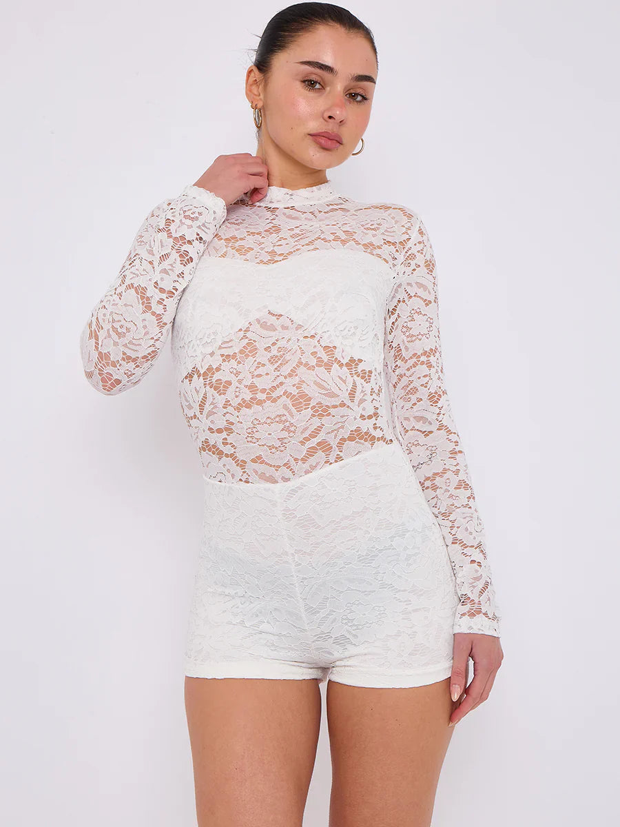 White Lace Detail High Neck Long Sleeves Bodycon Playsuit