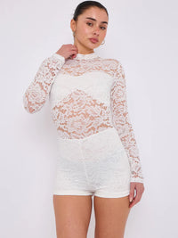White Lace Detail High Neck Long Sleeves Bodycon Playsuit