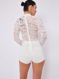 White Lace Detail High Neck Long Sleeves Bodycon Playsuit
