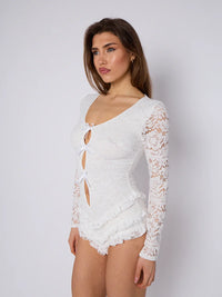 White Lace Frill Detail Open Back Long Sleeves Bodycon Playsuit