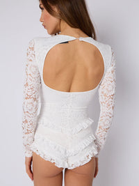 White Lace Frill Detail Open Back Long Sleeves Bodycon Playsuit
