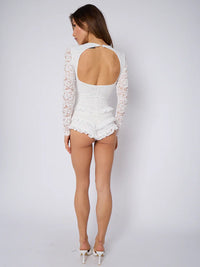 White Lace Frill Detail Open Back Long Sleeves Bodycon Playsuit
