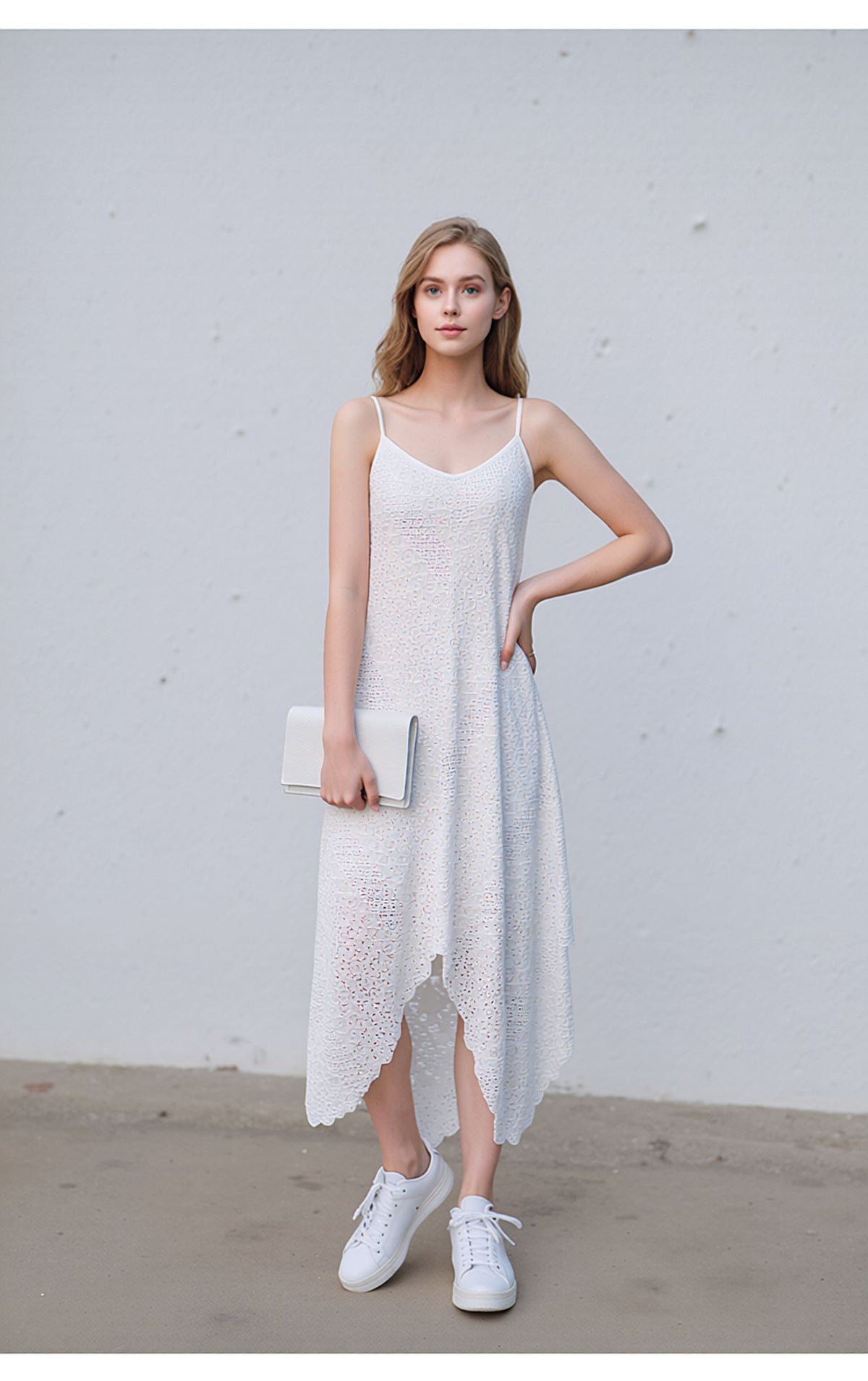 White Laser Cut Asymmetrical Midi Dress with Spaghetti Straps