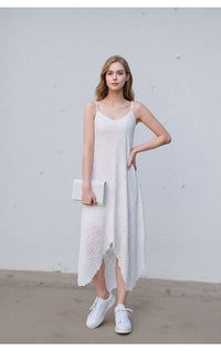 White Laser Cut Asymmetrical Midi Dress with Spaghetti Straps