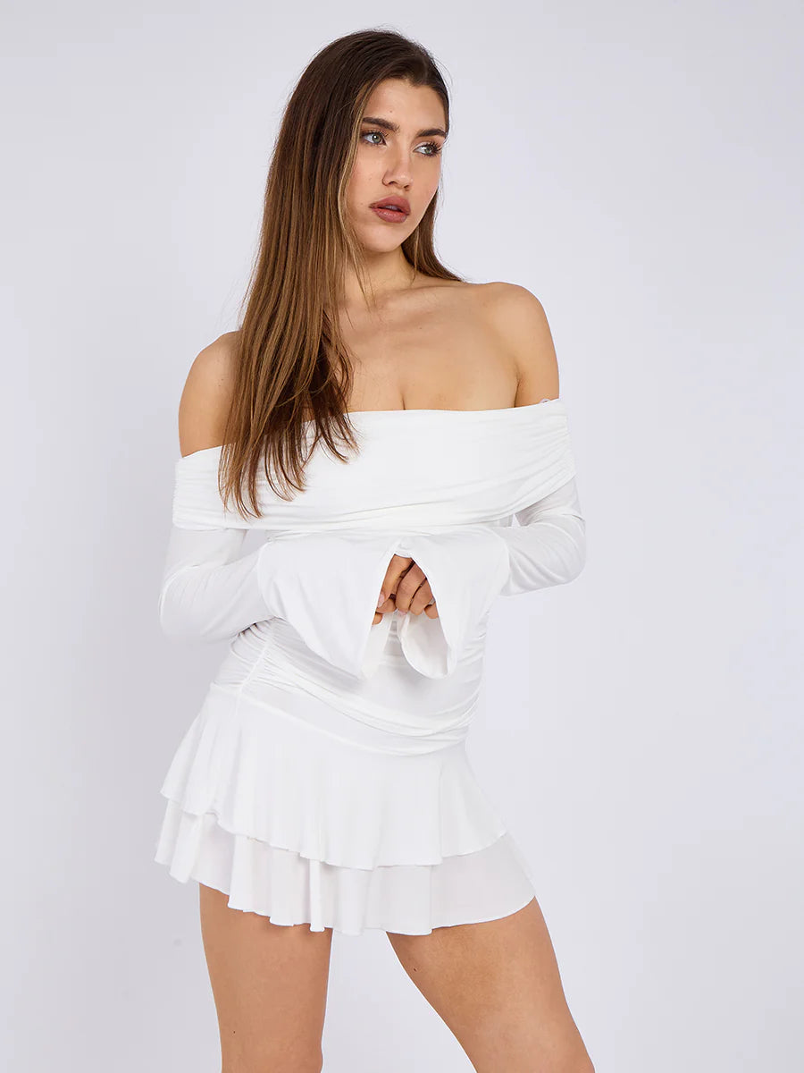 White Off Shoulder Ruched Slinky Frill Mini Dress