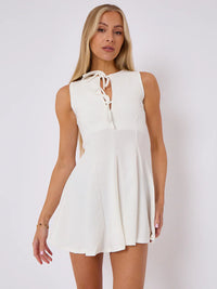 White Pleated Tie Front A-Line Mini Dress