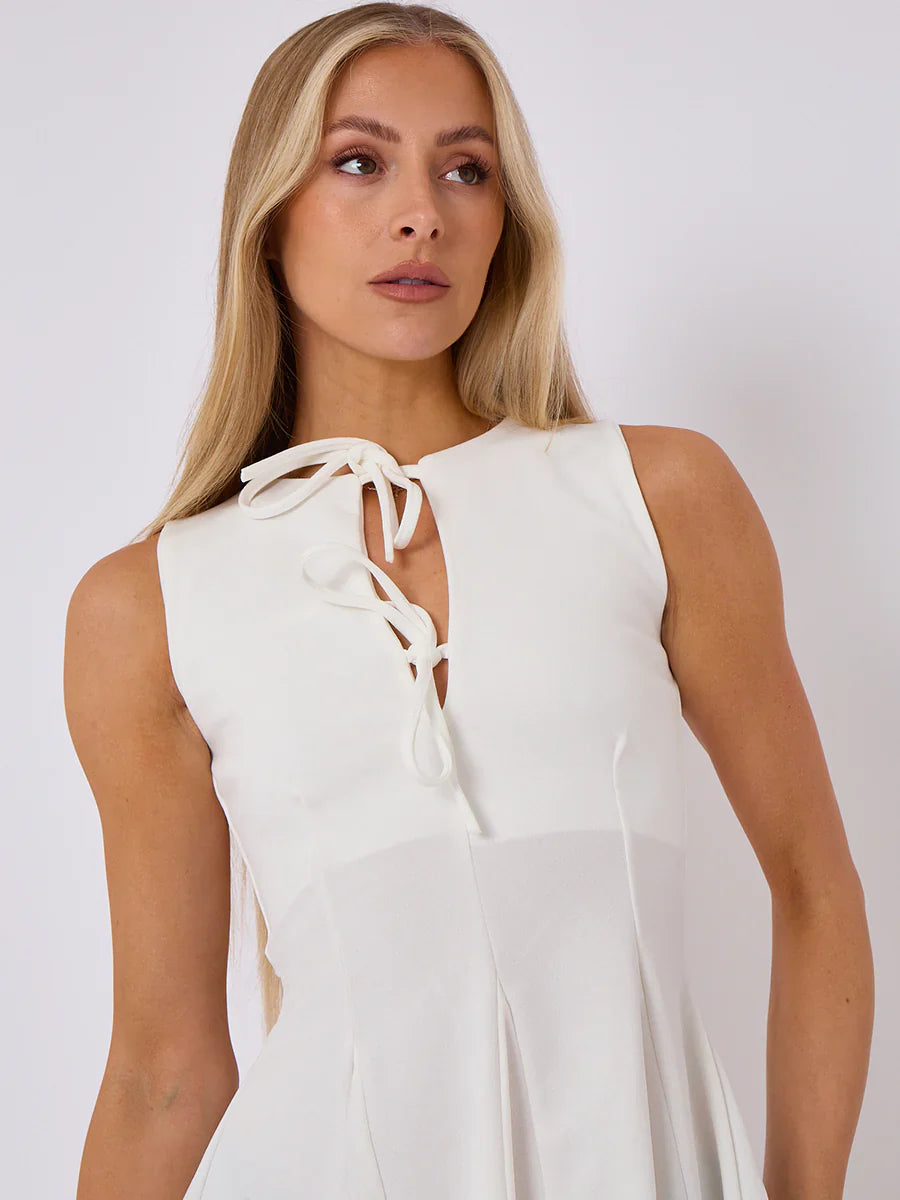 White Pleated Tie Front A-Line Mini Dress