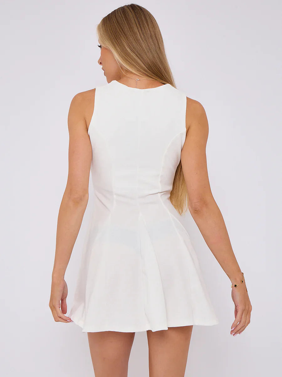 White Pleated Tie Front A-Line Mini Dress