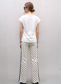 White Polka Dot Wide Leg Palazzo Pants High Waist Relaxed Fit Side Stripe Trousers