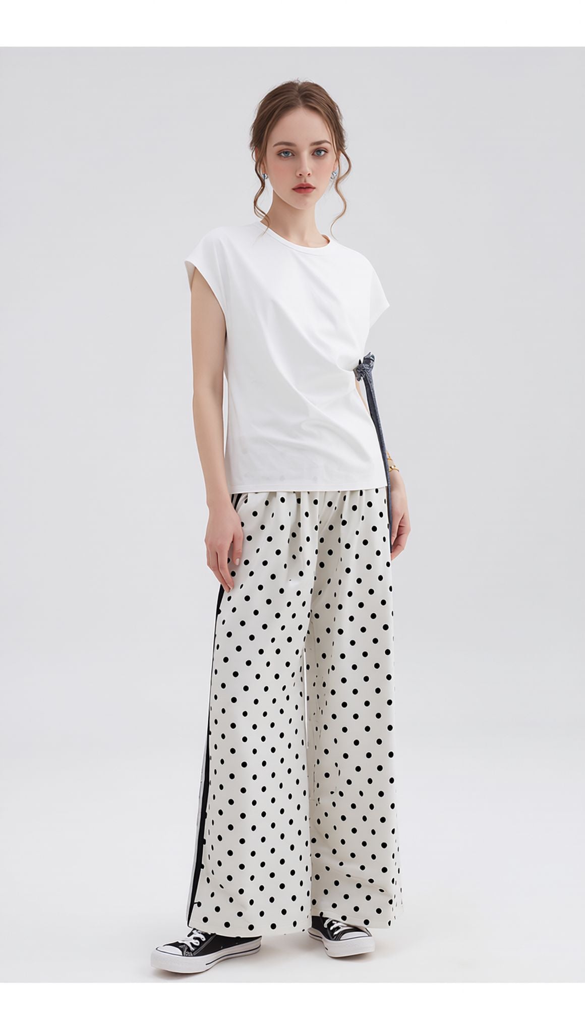 White Polka Dot Wide Leg Palazzo Pants High Waist Relaxed Fit Side Stripe Trousers
