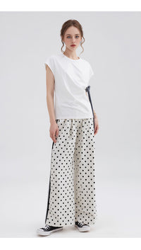 White Polka Dot Wide Leg Palazzo Pants High Waist Relaxed Fit Side Stripe Trousers