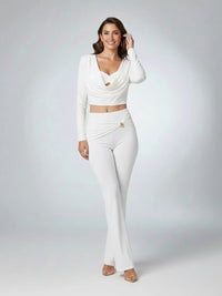 White Slinky Cowl Neck Crop Top & Flared Trouser Co-ord