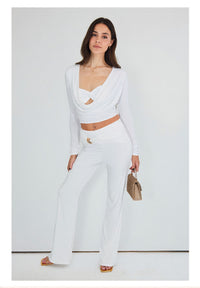 White Slinky Cowl Neck Crop Top & Flared Trouser Co-ord