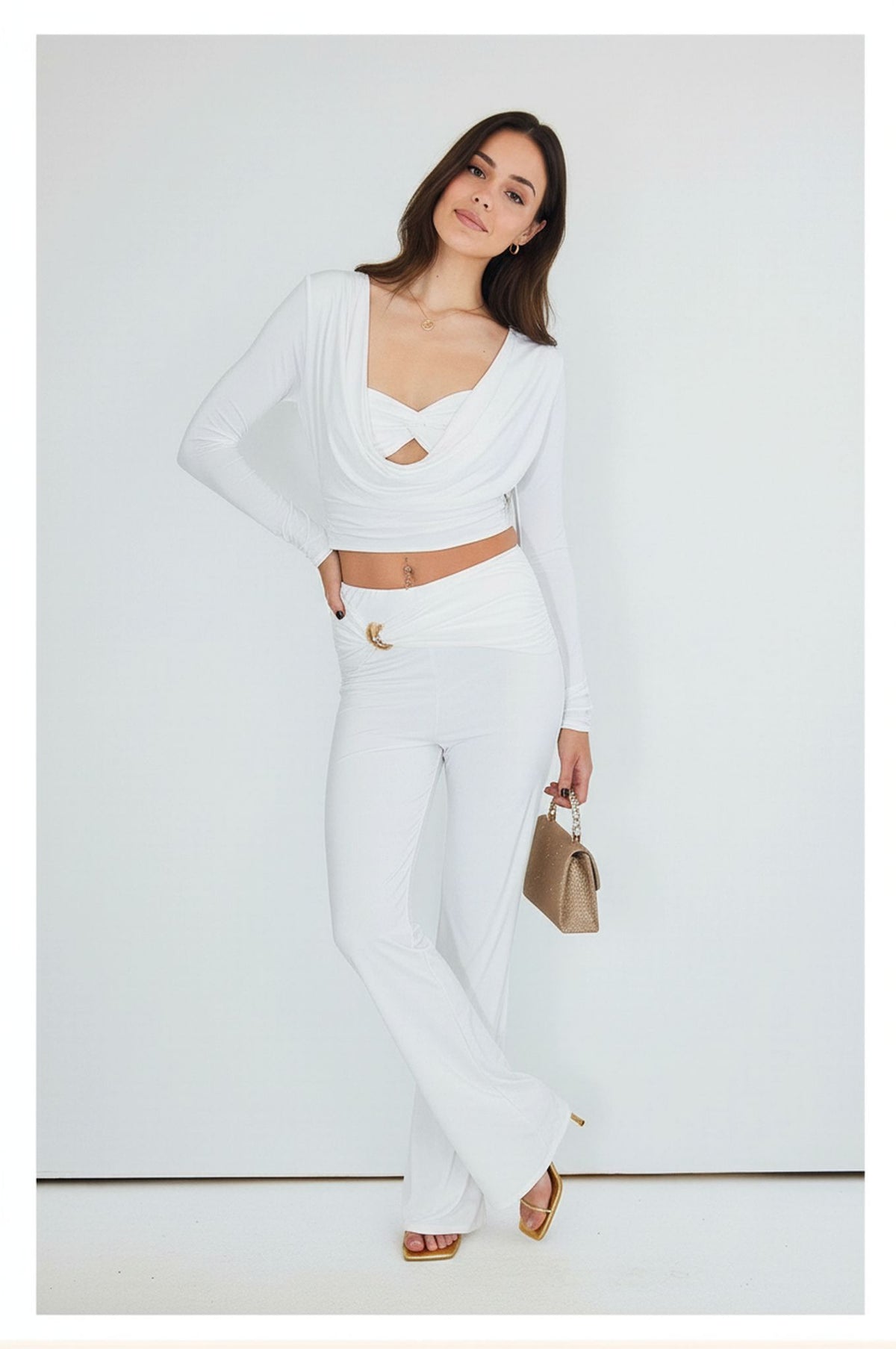 White Slinky Cowl Neck Crop Top & Flared Trouser Co-ord