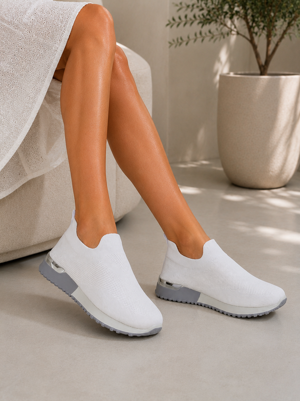 White Slip-On Knit Trainers Lightweight Comfort Breathable Casual Walking Shoes