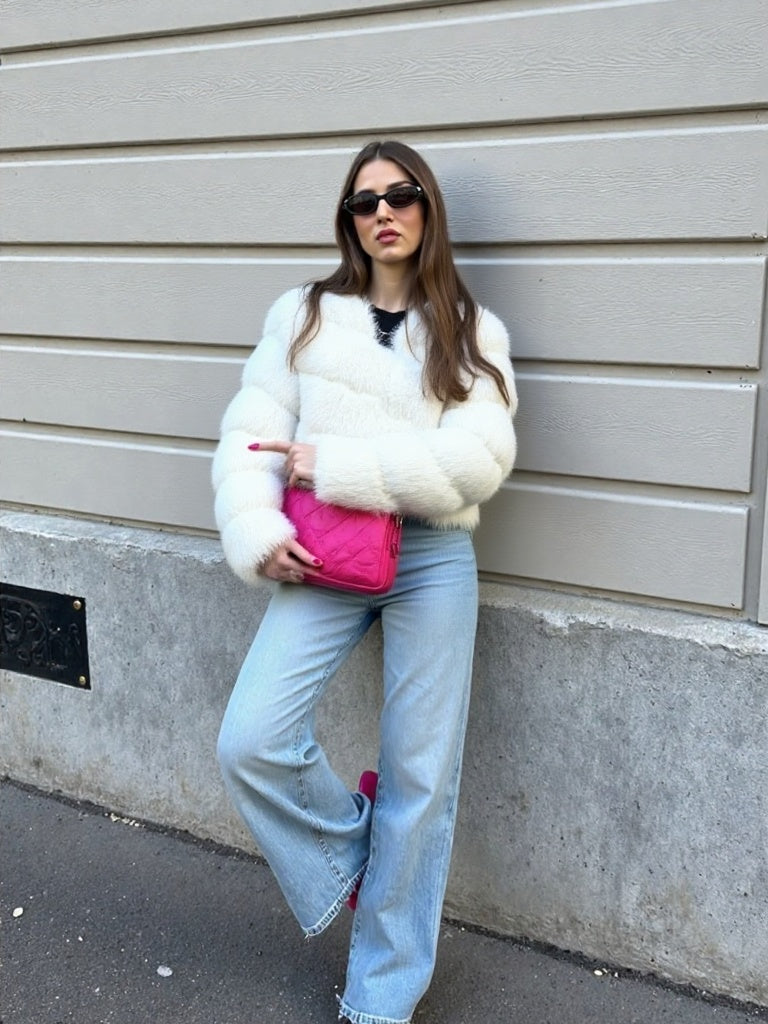 White Thick Faux Fur Paneled Layered Jacket